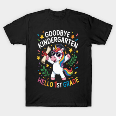 Black T-shirt with "Goodbye Kindergarten Hello 1st Grade" colorful unicorn design, perfect for kids' school milestones.