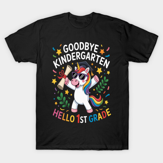Black T-shirt with "Goodbye Kindergarten Hello 1st Grade" colorful unicorn design, perfect for kids' school milestones.