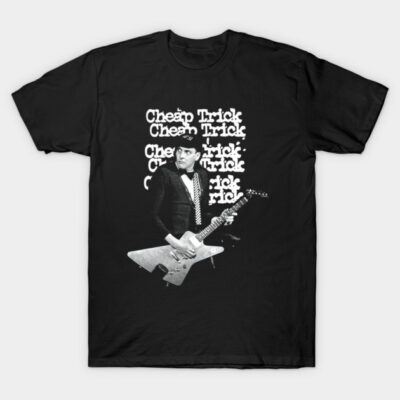 Black graphic t-shirt featuring vintage rock band design, perfect for music fans. Cotton material, casual wear.