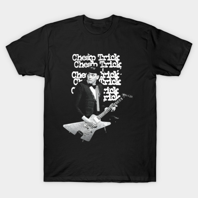 Black graphic t-shirt featuring vintage rock band design, perfect for music fans. Cotton material, casual wear.
