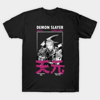 Black Demon Slayer graphic t-shirt, features bold design with Japanese text, perfect for anime fans and casual wear.