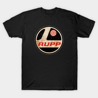 Black cotton t-shirt with vintage-style "Rupp" logo design, casual wear, unisex.