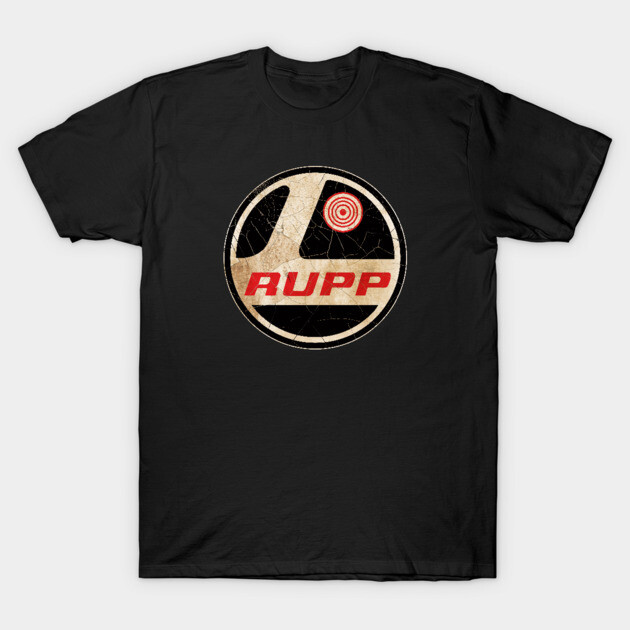 Black cotton t-shirt with vintage-style "Rupp" logo design, casual wear, unisex.