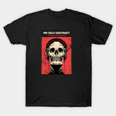 Black graphic t-shirt featuring skull with headphones, red background, text "Mr Self-Destruct," casual style, cotton blend.
