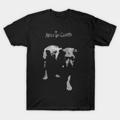 Black graphic t-shirt featuring abstract silver design and "Alice in Chains" text, casual unisex style.