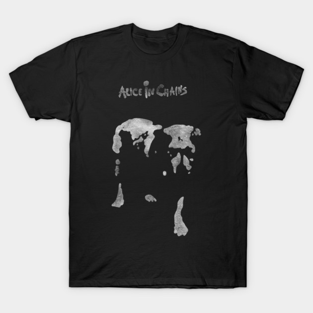 Black graphic t-shirt featuring abstract silver design and "Alice in Chains" text, casual unisex style.