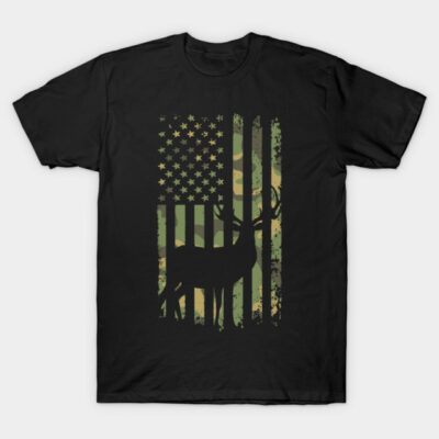 Black t-shirt with camo American flag and deer silhouette design; casual wear, cotton material, patriotic style.