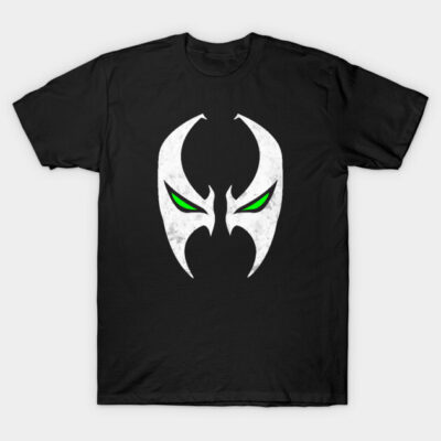 Black t-shirt with white and green abstract face design, casual style, cotton blend, unisex.