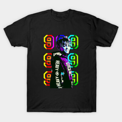 Black graphic t-shirt with colorful, abstract design featuring numbers and bold typography. Casual and stylish.