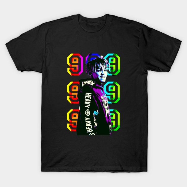 Black graphic t-shirt with colorful, abstract design featuring numbers and bold typography. Casual and stylish.