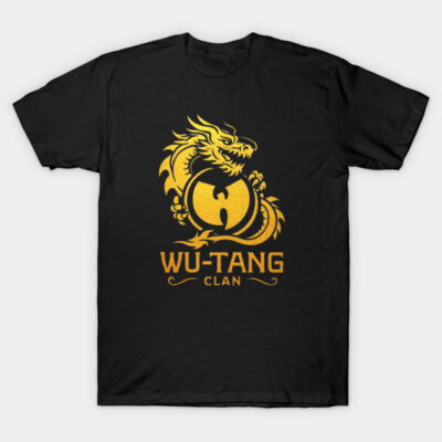 Black t-shirt with gold dragon and bold text design, cotton material, casual streetwear style.
