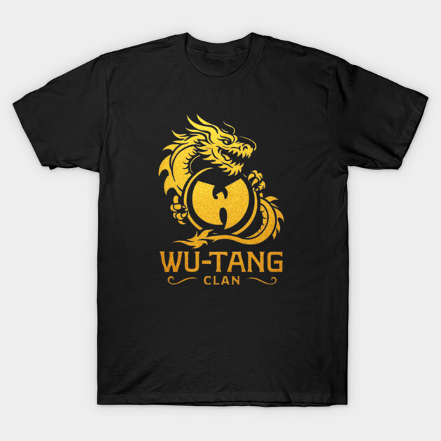 Black t-shirt with gold dragon and bold text design, cotton material, casual streetwear style.