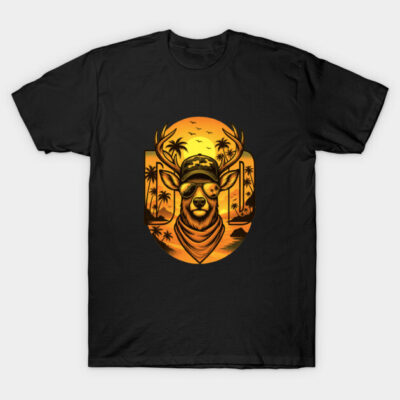 Black t-shirt with sunset deer design, featuring palm trees and vibrant orange tones, perfect for casual wear.