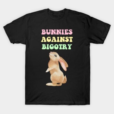 Black T-shirt with colorful "Bunnies Against Bigotry" text and cute bunny illustration, perfect for casual wear.