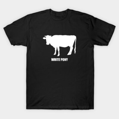 Black T-shirt featuring a white cow silhouette with "White Pony" text, casual cotton tee for everyday wear.