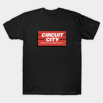 Black t-shirt with red Circuit City logo, casual style, cotton fabric, ideal for everyday wear.