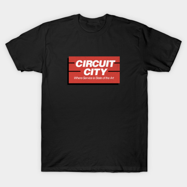 Black t-shirt with red Circuit City logo, casual style, cotton fabric, ideal for everyday wear.
