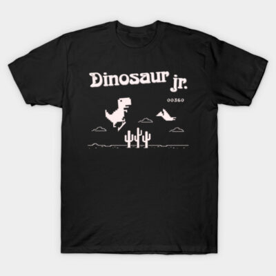 Black t-shirt with pixelated dinosaur design and text "Dinosaur jr.", casual wear for gaming enthusiasts.