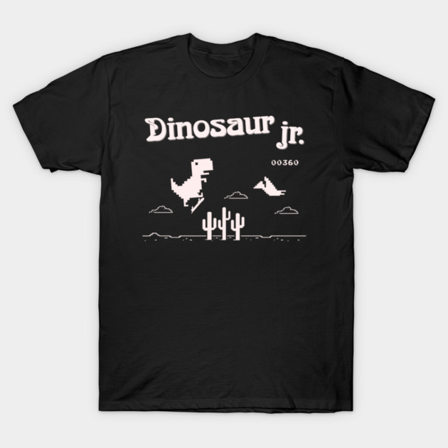 Black t-shirt with pixelated dinosaur design and text "Dinosaur jr.", casual wear for gaming enthusiasts.