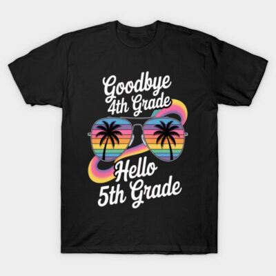 Black t-shirt with colorful sunglasses and text "Goodbye 4th Grade, Hello 5th Grade," ideal for school transitions.