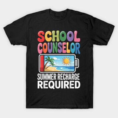 Black t-shirt with colorful "School Counselor" text and summer-themed design, ideal for casual wear.