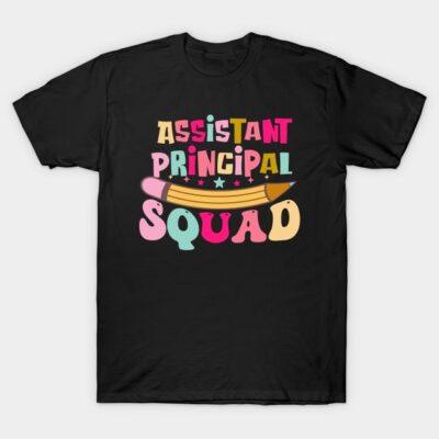 Black T-shirt with colorful "Assistant Principal Squad" text and pencil graphic, cotton blend, casual wear.