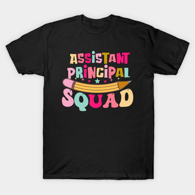 Black T-shirt with colorful "Assistant Principal Squad" text and pencil graphic, cotton blend, casual wear.