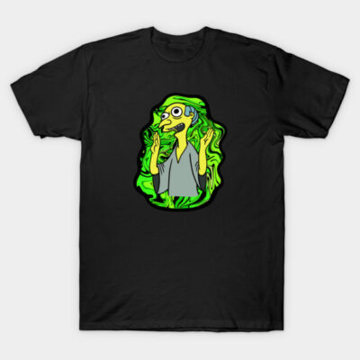 Black graphic t-shirt featuring cartoon character with green psychedelic background. Casual wear, soft cotton blend.