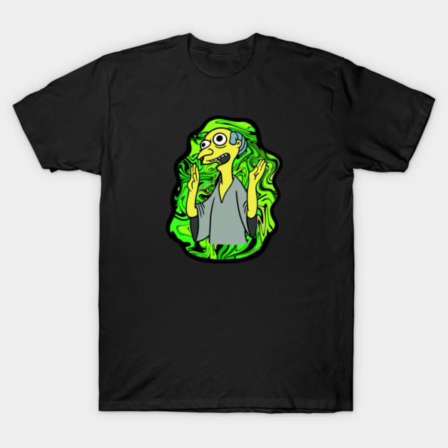 Black graphic t-shirt featuring cartoon character with green psychedelic background. Casual wear, soft cotton blend.