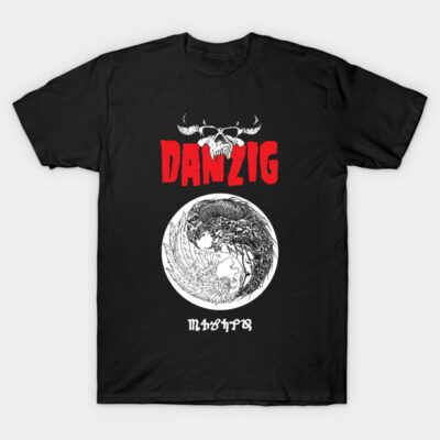 Black Danzig logo T-shirt with skull and graphic design, rock band style, casual wear, 100% cotton material.
