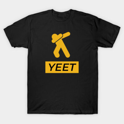 Black T-shirt with yellow dabbing figure and "YEET" text, casual style, cotton material, unisex design.