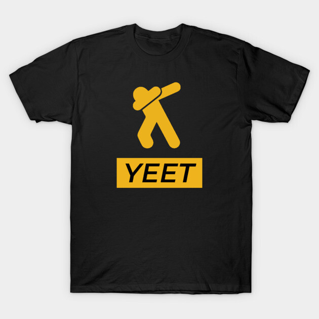 Black T-shirt with yellow dabbing figure and "YEET" text, casual style, cotton material, unisex design.