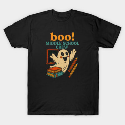 Black t-shirt with "Boo! Middle School Crew" design, featuring a ghost, books, and pencils. Perfect for Halloween fun.