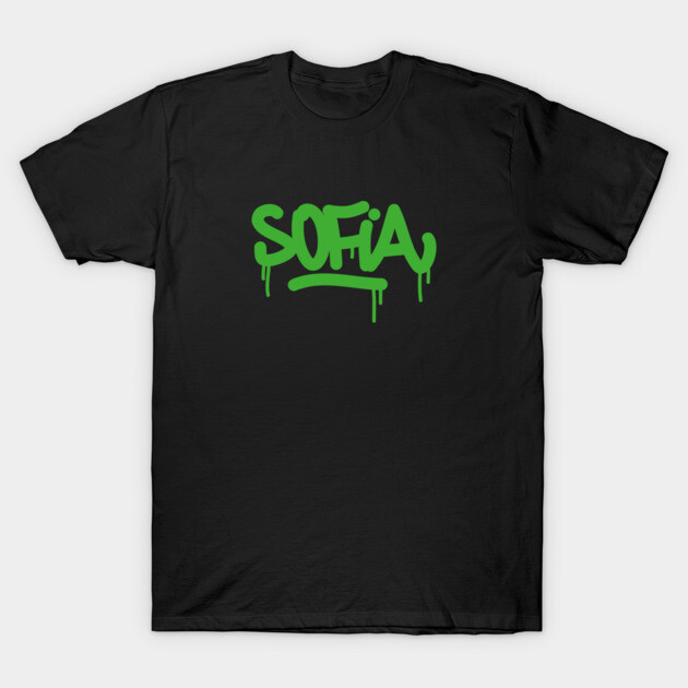 Sofia city name graffiti tag style dripping tag T-Shirt 1 Black t-shirt with green graffiti-style text design, casual cotton tee for everyday wear.