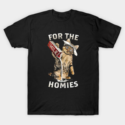 Black t-shirt with playful cat and milk carton graphic, text "For the Homies," casual style, comfortable cotton material.