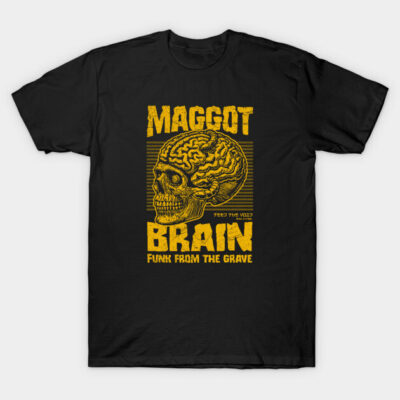 Black t-shirt with yellow graphic skull design, text "Maggot Brain", casual unisex style, 100% cotton.