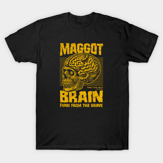 Black t-shirt with yellow graphic skull design, text "Maggot Brain", casual unisex style, 100% cotton.