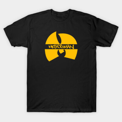 Black t-shirt with bold yellow abstract logo design, casual style, ideal for everyday wear.