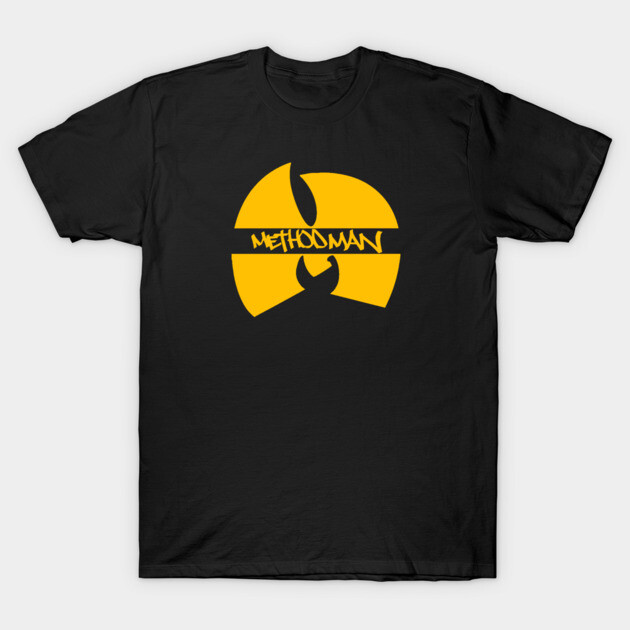 Black t-shirt with bold yellow abstract logo design, casual style, ideal for everyday wear.