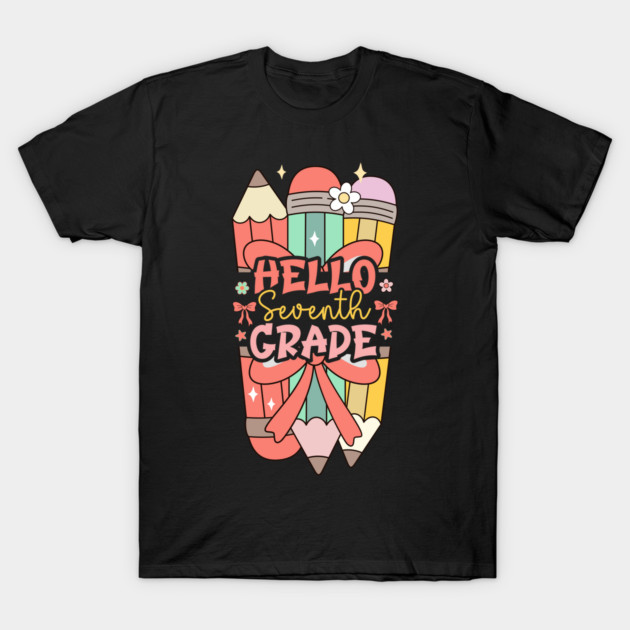 Black T-shirt with colorful "Hello Seventh Grade" graphic, featuring pencils and bows. Perfect for school. Cotton material.