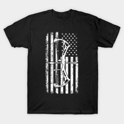 Black t-shirt with white American flag and archery bow design, casual wear, 100% cotton, unisex.