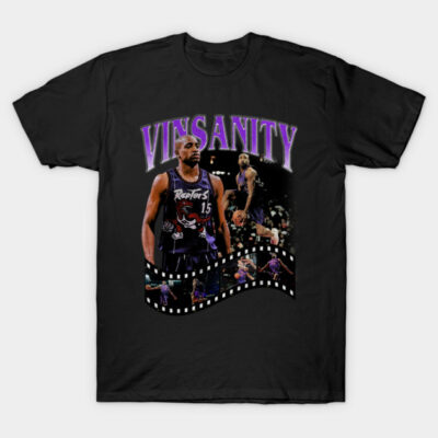 Black graphic t-shirt featuring basketball-themed design with text "Vinsanity," ideal for sports fans and casual wear.