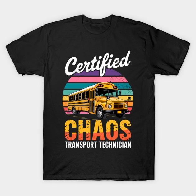 Black T-shirt with colorful retro bus graphic and "Certified Chaos Transport Technician" text design.