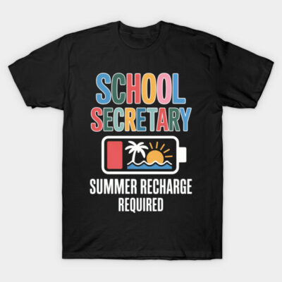 Black t-shirt with "School Secretary Summer Recharge Required" text, colorful design, casual wear, cotton material.
