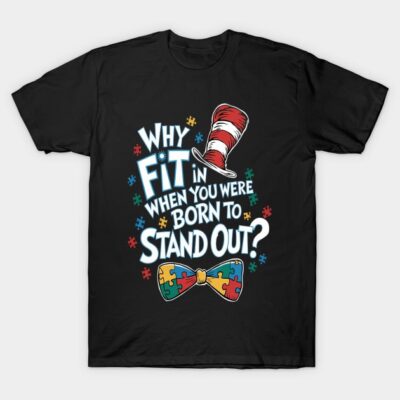 Black graphic t-shirt with colorful puzzle bow tie and motivational "Born to Stand Out" quote. Fun and casual style.
