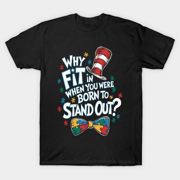 Black graphic t-shirt with colorful puzzle bow tie and motivational "Born to Stand Out" quote. Fun and casual style.
