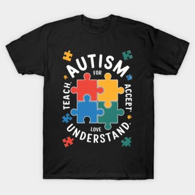 Black autism awareness T-shirt featuring colorful puzzle pieces and motivational text for advocacy and support.