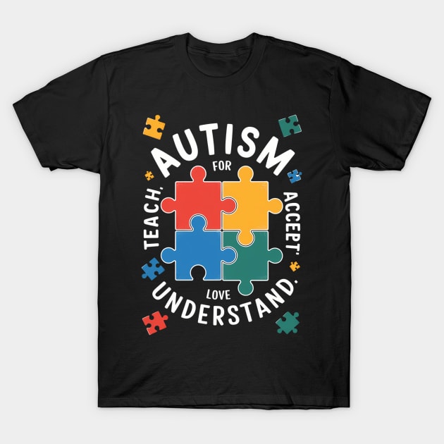 Black autism awareness T-shirt featuring colorful puzzle pieces and motivational text for advocacy and support.