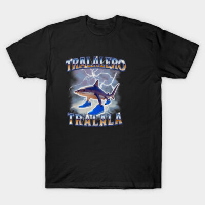 Black t-shirt featuring a cartoon shark with sneakers and lightning background, perfect for casual wear.