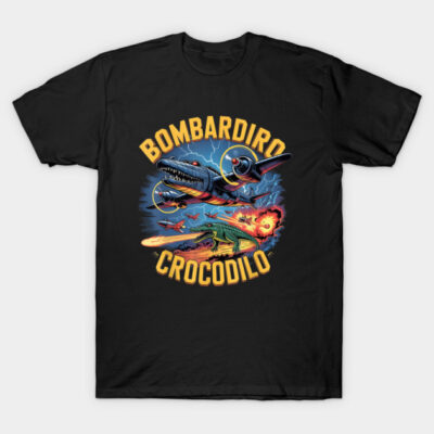 Black graphic t-shirt featuring colorful vintage airplane and crocodile design, perfect for casual wear.